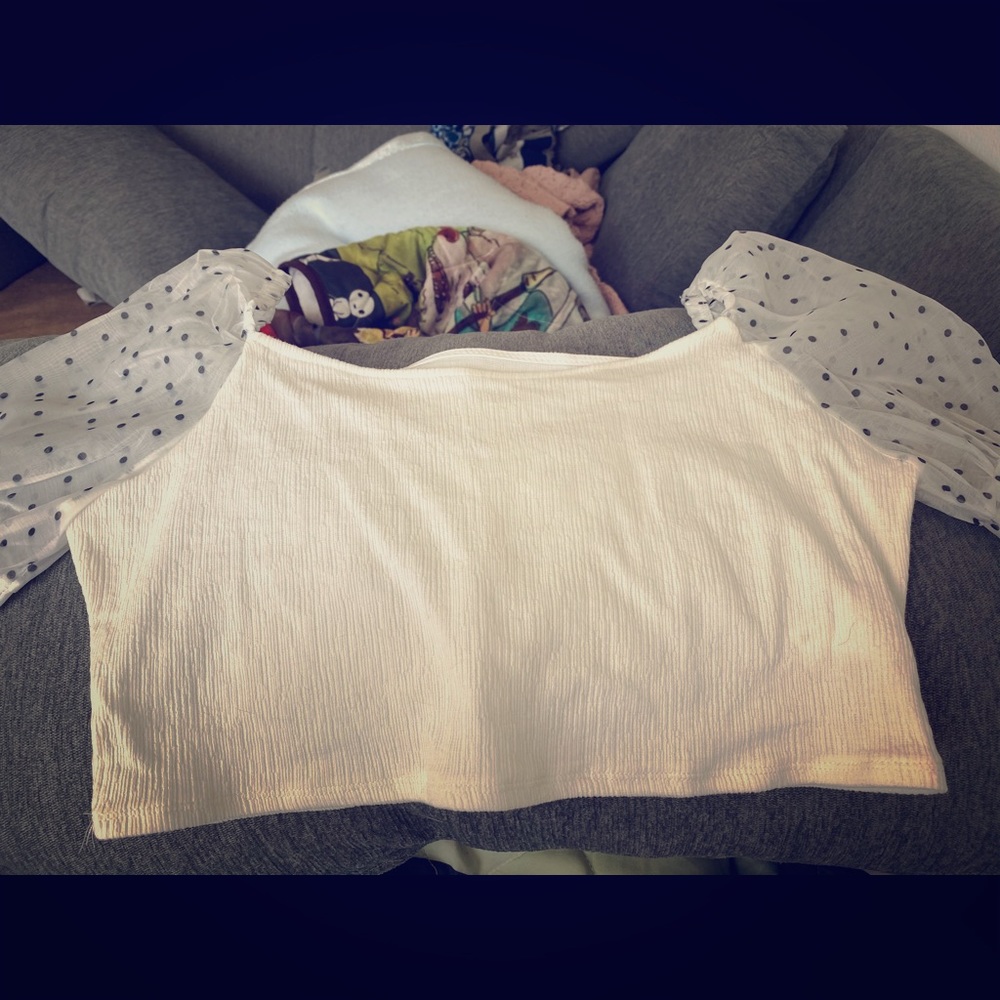 Polka Dot sleeve Plisse Crop Top